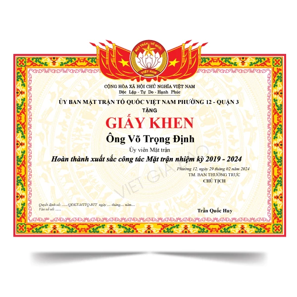 Giấy khen mặt trận tổ quốc Việt Nam