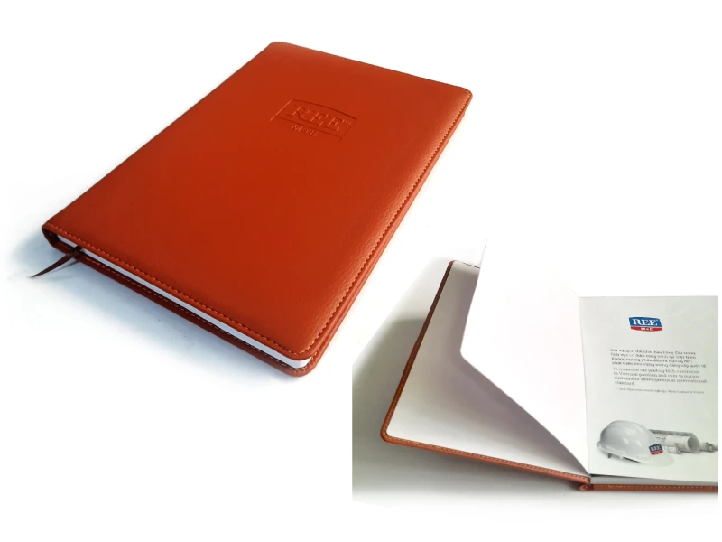 sổ tay in logo REE bìa da may chỉ không bung gáy